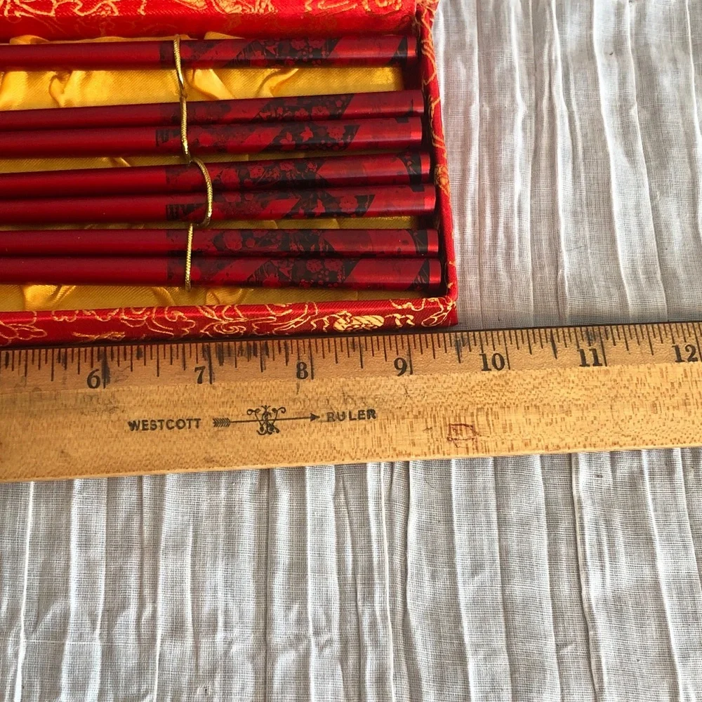 Chinese Scenery CHOPSTICKS set of 3 in red & gold serpent dragons storage box
